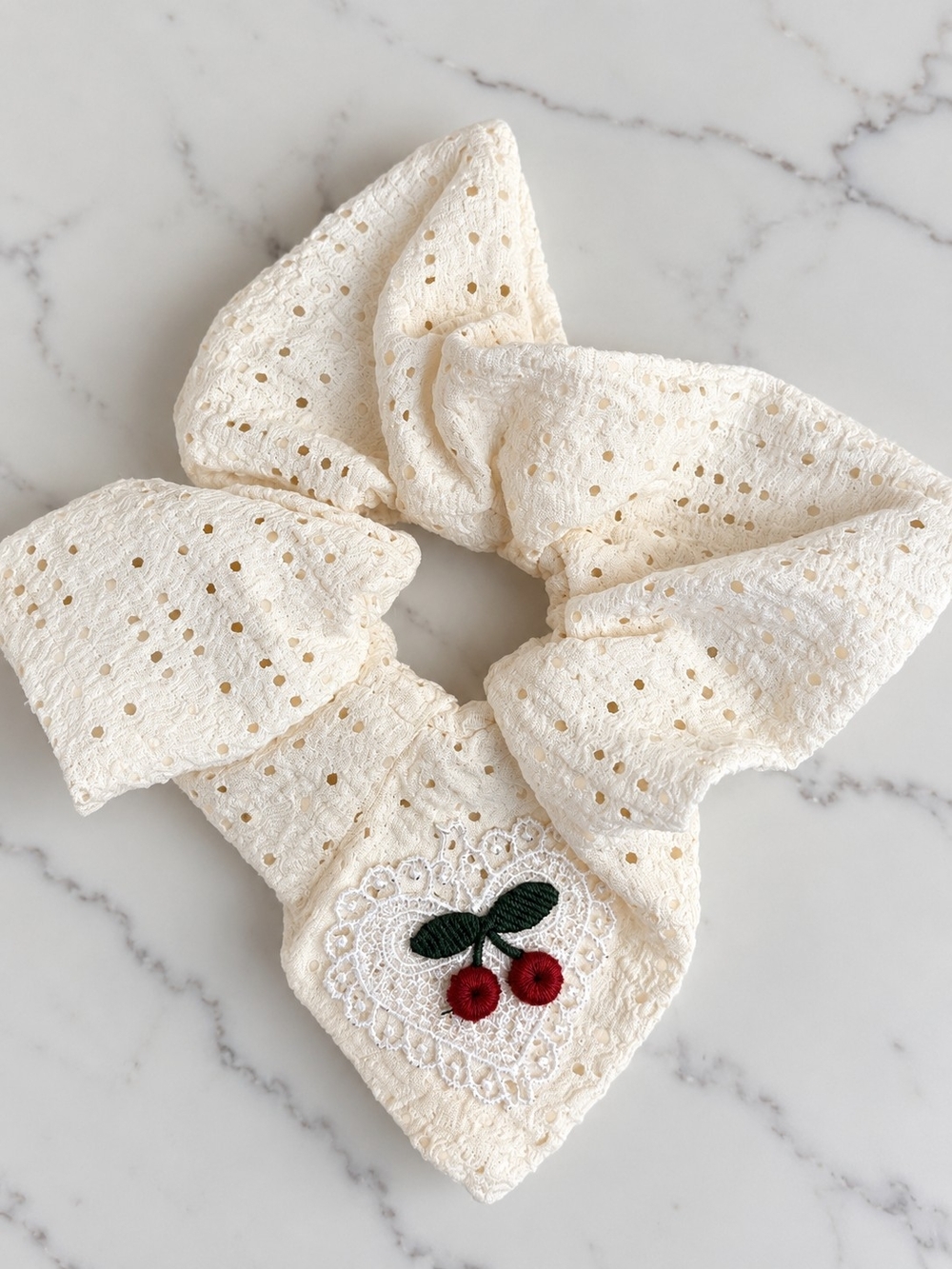 Cream Eyelet Bow Scrunchie with Cherry Charm - Women Accessories - Picture 2 of 3